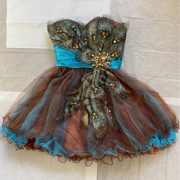 Strapless Short Ball gown Faux Peacock Lace Embroidery Prom Wedding Dress Size S - Picture 2 of 16